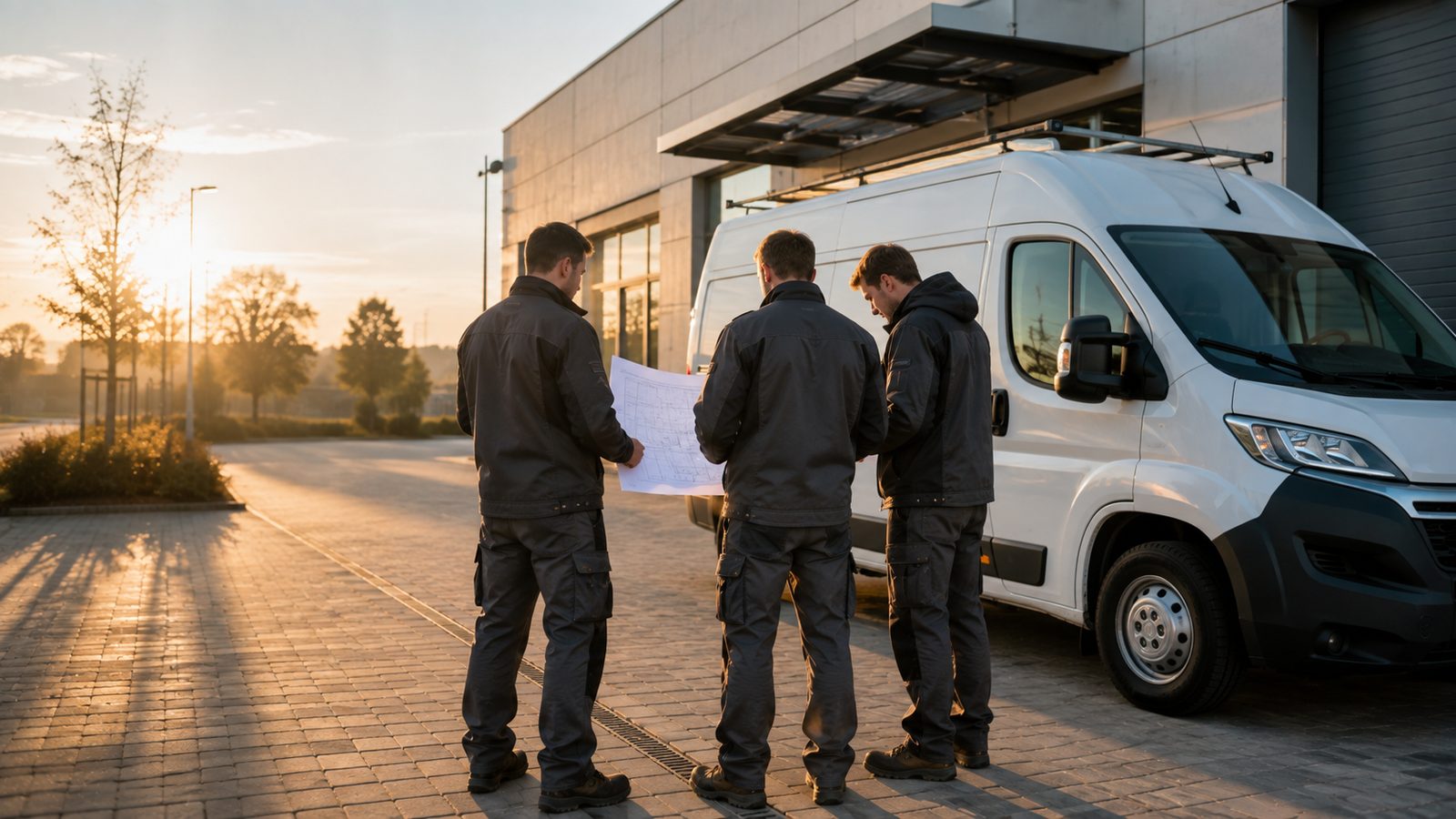 Team-Absprache am Servicefahrzeug vor dem Objekt